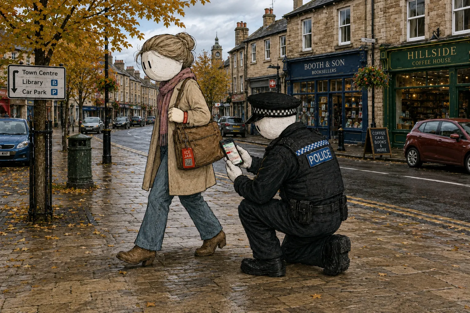 A police officer kneeling on a rainy autumn high street, checking a phone showing a person’s ICE Jar record as a woman with an ICE JAR tag on her bag walks past shops and parked cars